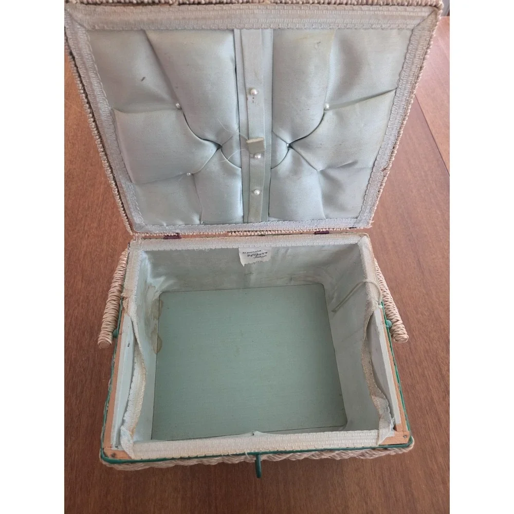 Vtg Penneys Fashions Tapestry Sewing Box With Handle Wicker Organizer Crafts